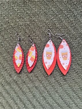 Handmade Red Layered Leaf Earrings with Autumn Coffee Print